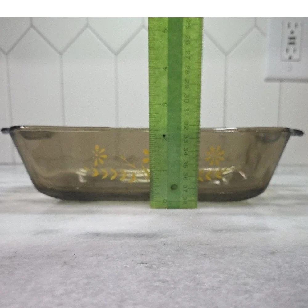 Glasbake‎ Jeanette Smoke Casserole Dish, Vtg Yellow Daisies Design, Kitchenware